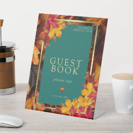 Aティール（緑がかった色）&秋ファンタジー金ゴールド素朴ウェッドゲストブック 台座サイン