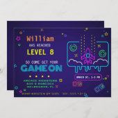 Aネオンレトロゲーム子供の誕生日パーティー 招待状 (正面/裏面)