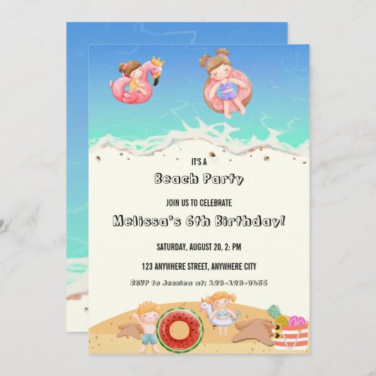 Aビーチパーティー子供の誕生日招待状 招待状 (正面/裏面)