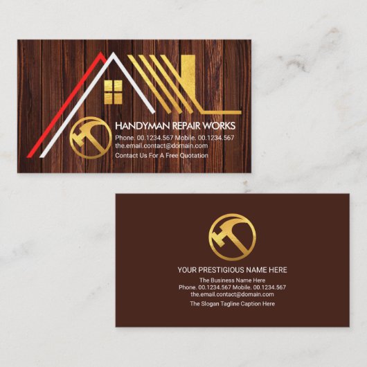 Aフレーム金ゴールド屋根木材ハンドマンビルダ 名刺 (正面/裏面)