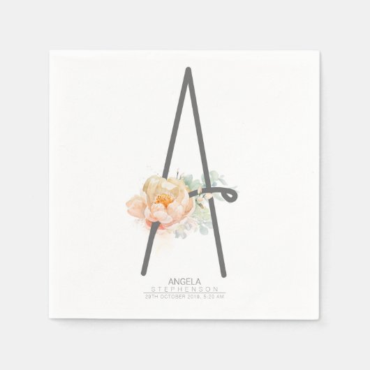 Aレターモノグラム赤面ピーチフローラCR スタンダードカクテルナプキン (正面)