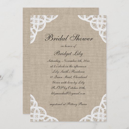 Aレー素朴ス&バーラップブライダルシャワーの招待 招待状 (正面/裏面)