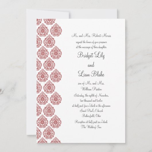 Aヴィンテージダマスク結婚式招待状（赤） 招待状 (正面)