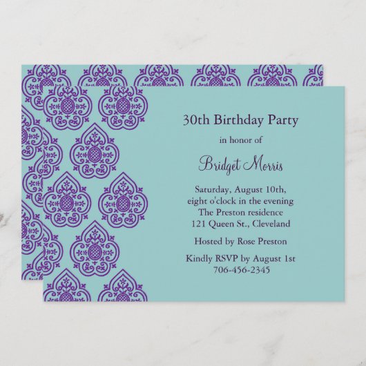 Aヴィンテージダマスク誕生日招待状 招待状 (正面/裏面)