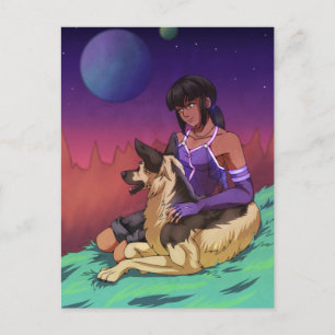 A女の子と彼女の犬の宇宙カード ポストカード