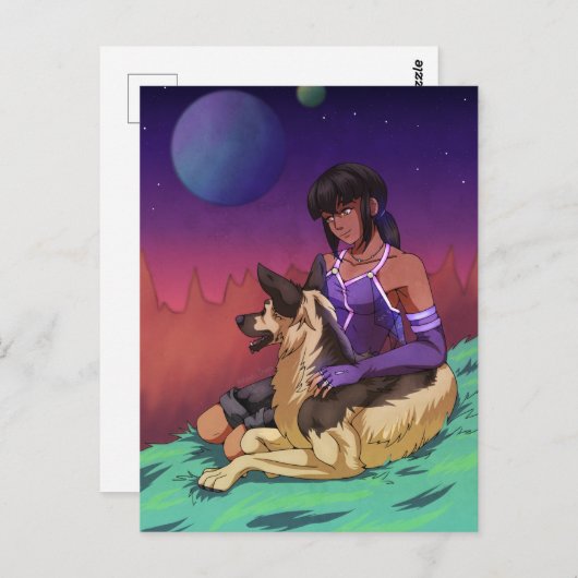 A女の子と彼女の犬の宇宙カード ポストカード (正面/裏面)