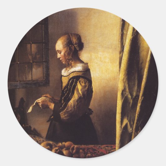 A女の子読が開いた窓から手紙を出す ラウンドシール (正面)