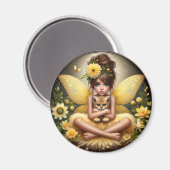 A妖精と彼女のヒョウの子 – イエローマグネット マグネット (正面/裏面)