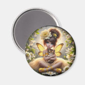 A妖精と彼女のライオンの子 – イエローマグネット マグネット (正面/裏面)