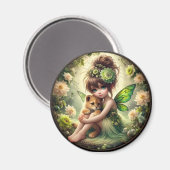 A妖精と彼女のライオンの子 – グリーンマグネット マグネット (正面/裏面)