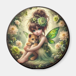 A妖精と彼女のライオンの子 – グリーンマグネット マグネット