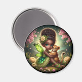 A妖精と彼女のライオンの子 – グリーンマグネット マグネット (正面/裏面)