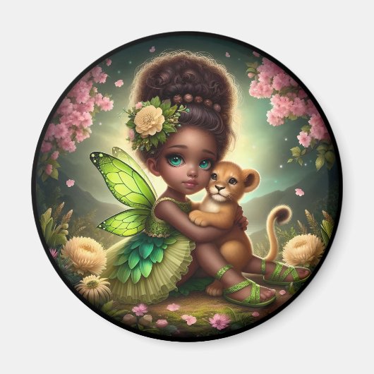 A妖精と彼女のライオンの子 – グリーンマグネット マグネット (正面)