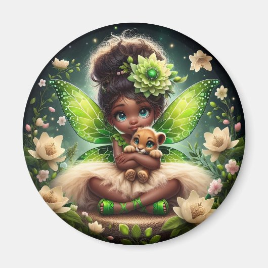 A妖精と彼女のライオンの子 – 緑 – 磁石 (正面)