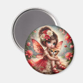 A妖精と彼女のライオンの子 – 赤い磁石 マグネット (正面/裏面)