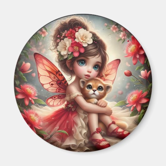 A妖精と彼女のライオンの子 – 赤い磁石 マグネット (正面)