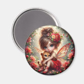 A妖精と彼女のライオンの子 – 赤い磁石 マグネット (正面/裏面)