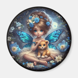 A妖精と彼女のライオンの子 – 青い磁石 マグネット