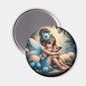 A妖精と彼女のライオンの子 – 青い磁石 マグネット (正面/裏面)