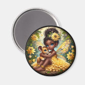 A妖精と彼女のライオンの子 – 黄色 – 磁石 (正面/裏面)