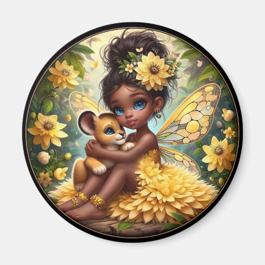 A妖精と彼女のライオンの子 – 黄色 – 磁石 (正面)