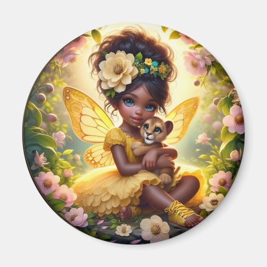 A妖精と彼女のライオンの子 – 黄色 – 磁石 (正面)