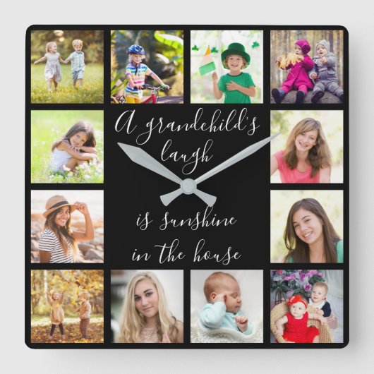 A孫の笑い引用文12フォトブラック スクエア壁時計 (正面)