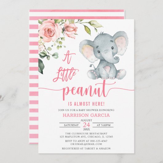 A小さなピーナッツベビーガールエレファントベビーシャワーInv 招待状 (正面/裏面)