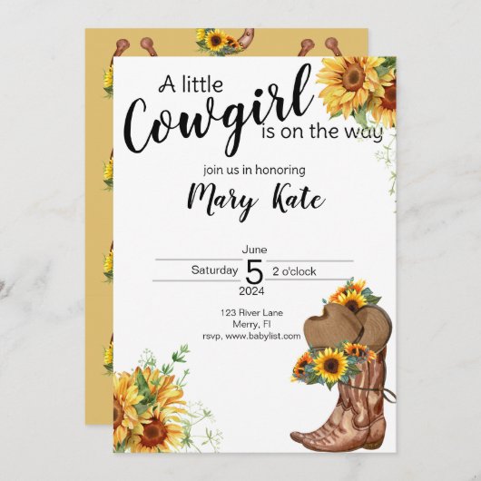 A小さな女性のカーボーイがBaby Showerの途中にある 招待状 (正面/裏面)