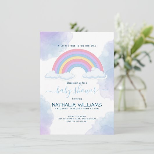 A男エレガントの子の水色レインボーベイビーシャワー 招待状 (スタンド正面)
