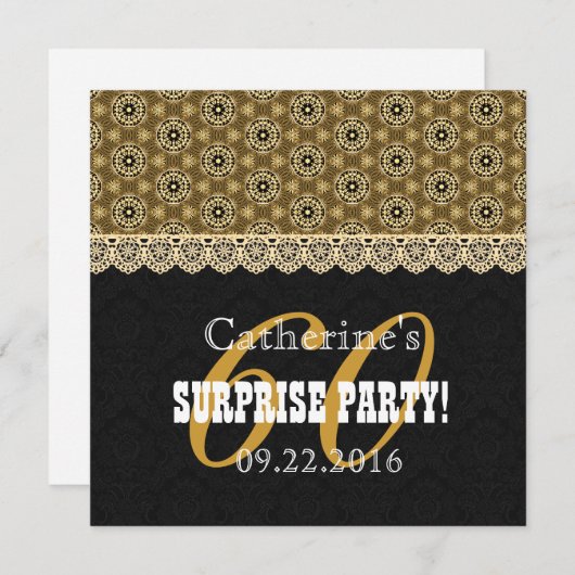 A07黒と金ゴールドの60番目のサプライズ·パーティー 招待状 (正面/裏面)
