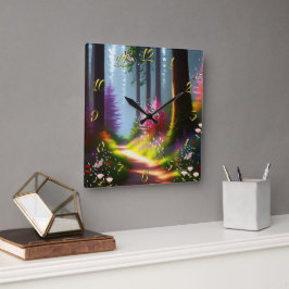 A1フォレスト&フラワーズ付きウォールクロックデザイン スクエア壁時計