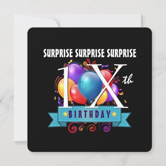 A12WZ10代のの任意またはトゥイーンのサプライズ誕生日バルーン 招待状 (正面)