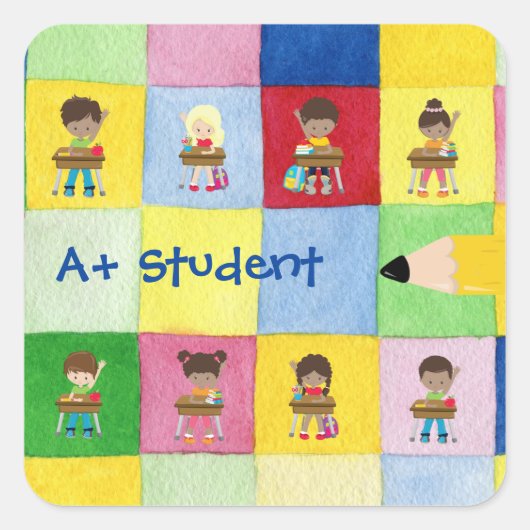 A +小学校教養児童先生 スクエアシール (正面)