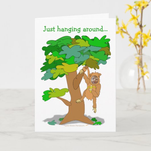 A.木おもしろいのモンキーの写真カスタム顔テンプレート カード (黄色い花)