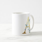 A,金ゴールドイニシャルと青いフローラの葉 コーヒーマグカップ (正面右)