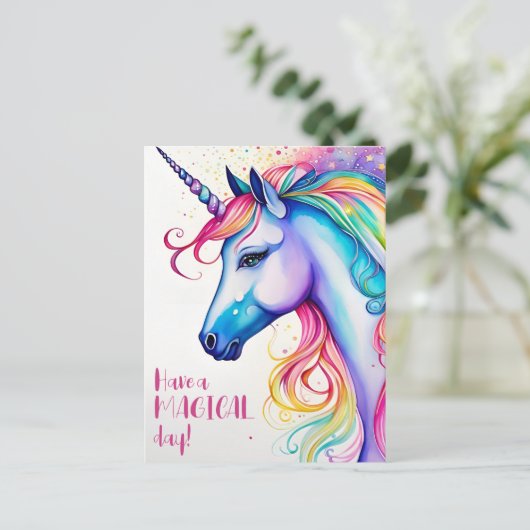 A.魔法の日のユニコーンお洒落のはがきを持つ ポストカード (スタンド正面)