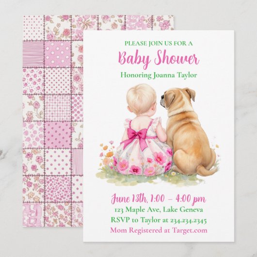 A Baby and Her Dog | Girl's Pink Baby Shower 招待状 (正面/裏面)