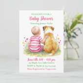 A Baby and Her Dog | Girl's Pink Baby Shower 招待状 (スタンド正面)