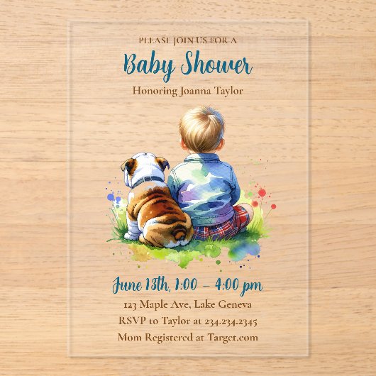 A Baby Boy and his English Bulldog | Baby Shower アクリル招待状 (正面)