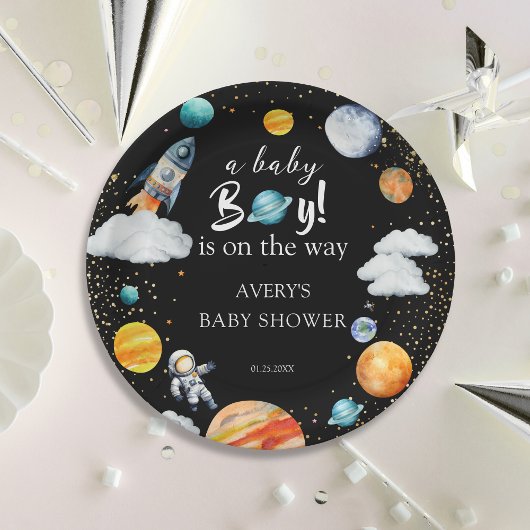 A Baby Boy Is On The Way Space Baby Shower ペーパープレート