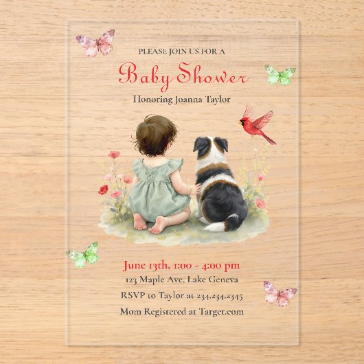 A Baby Girl and her Puppy Baby Shower Invitation アクリル招待状 (正面)