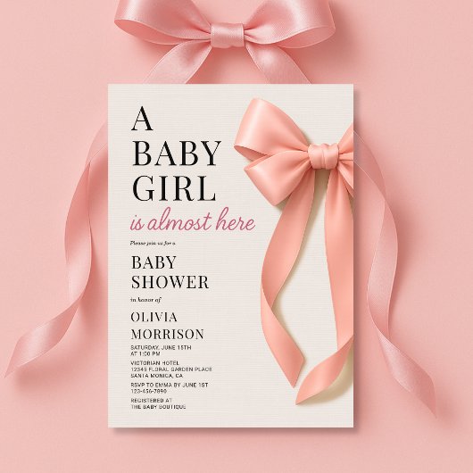 A Baby Girl is Almost Here Pink Bow Baby Shower 招待状