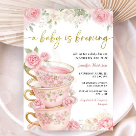 A Baby Is Brew Baby Shower Girl Pink Floral 招待状