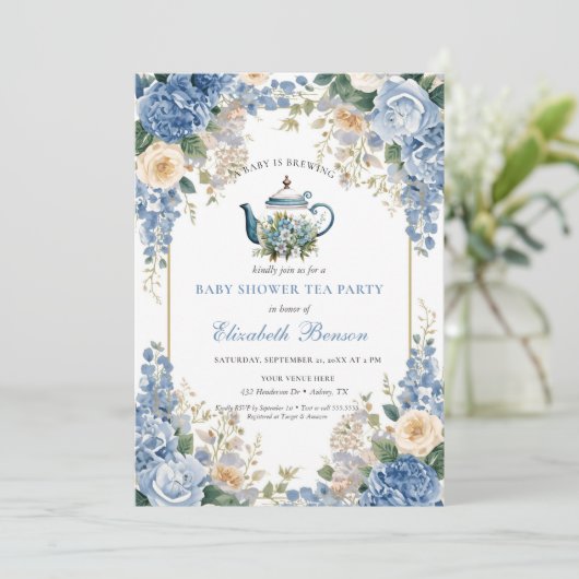 A Baby Is Brewing Blue Floral Shower 招待状 (スタンド正面)