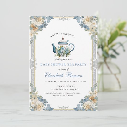 A Baby Is Brewing Blue Floral Shower 招待状 (スタンド正面)