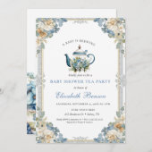 A Baby Is Brewing Blue Floral Shower 招待状 (正面/裏面)