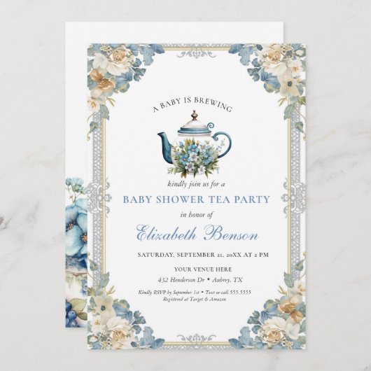 A Baby Is Brewing Blue Floral Shower 招待状 (正面/裏面)