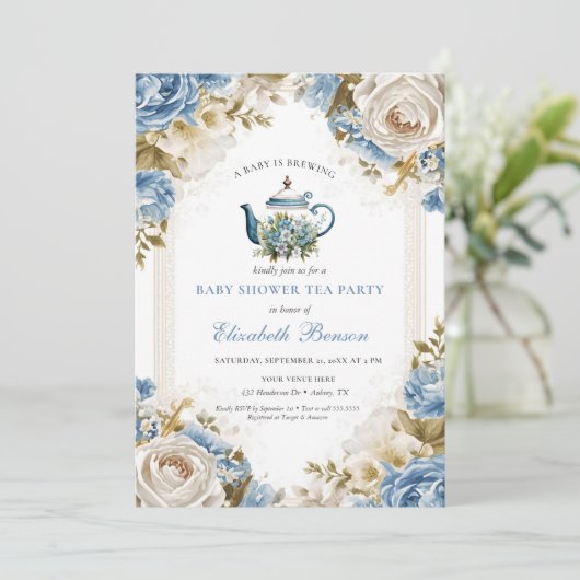 A Baby Is Brewing Blue Floral Shower 招待状 (スタンド正面)