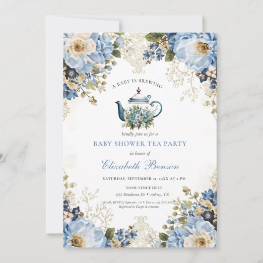 A Baby Is Brewing Blue Floral Shower 招待状 (正面)